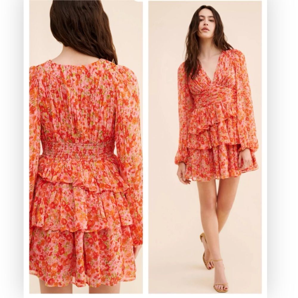 BHLDN Anthropologie Emmy Long-Sleeve V-Neck Tiered Mini Dress $298